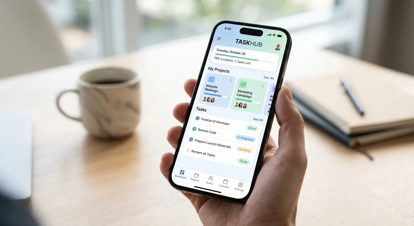 Concept mobile app interface — project management app shown on a phone