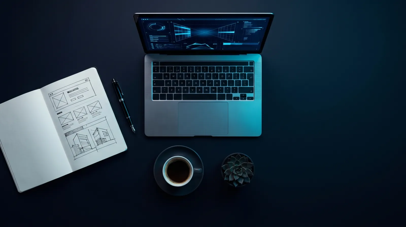 Designer's desk with laptop, sketchbook and coffee in a dark studio