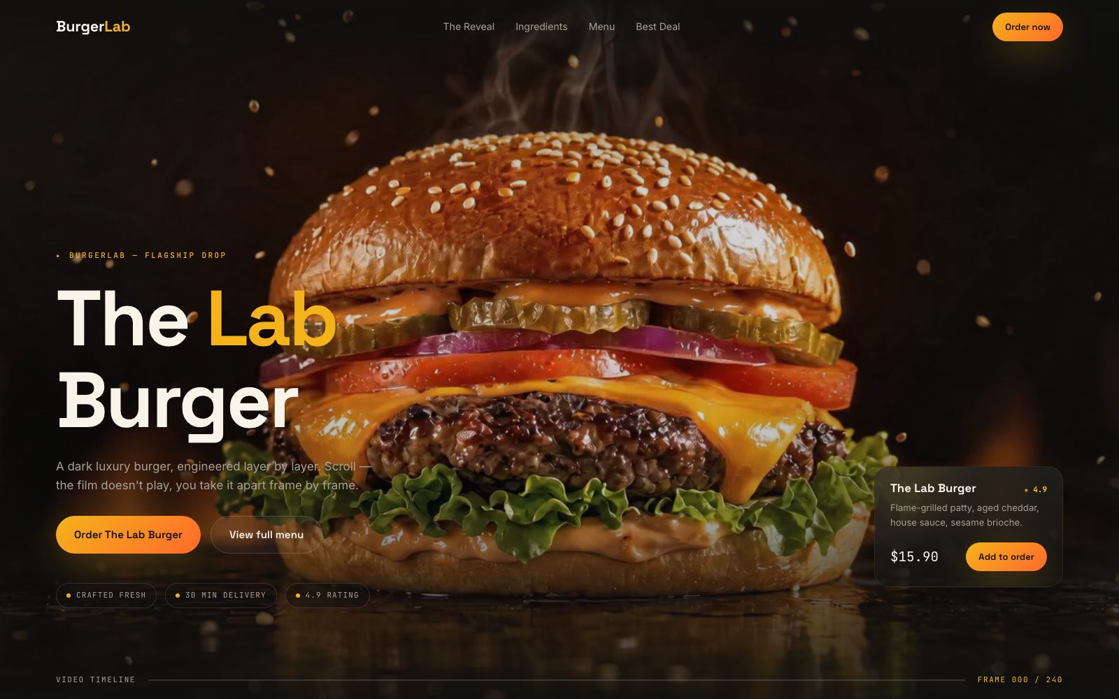 BurgerLab scroll-driven concept website screenshot