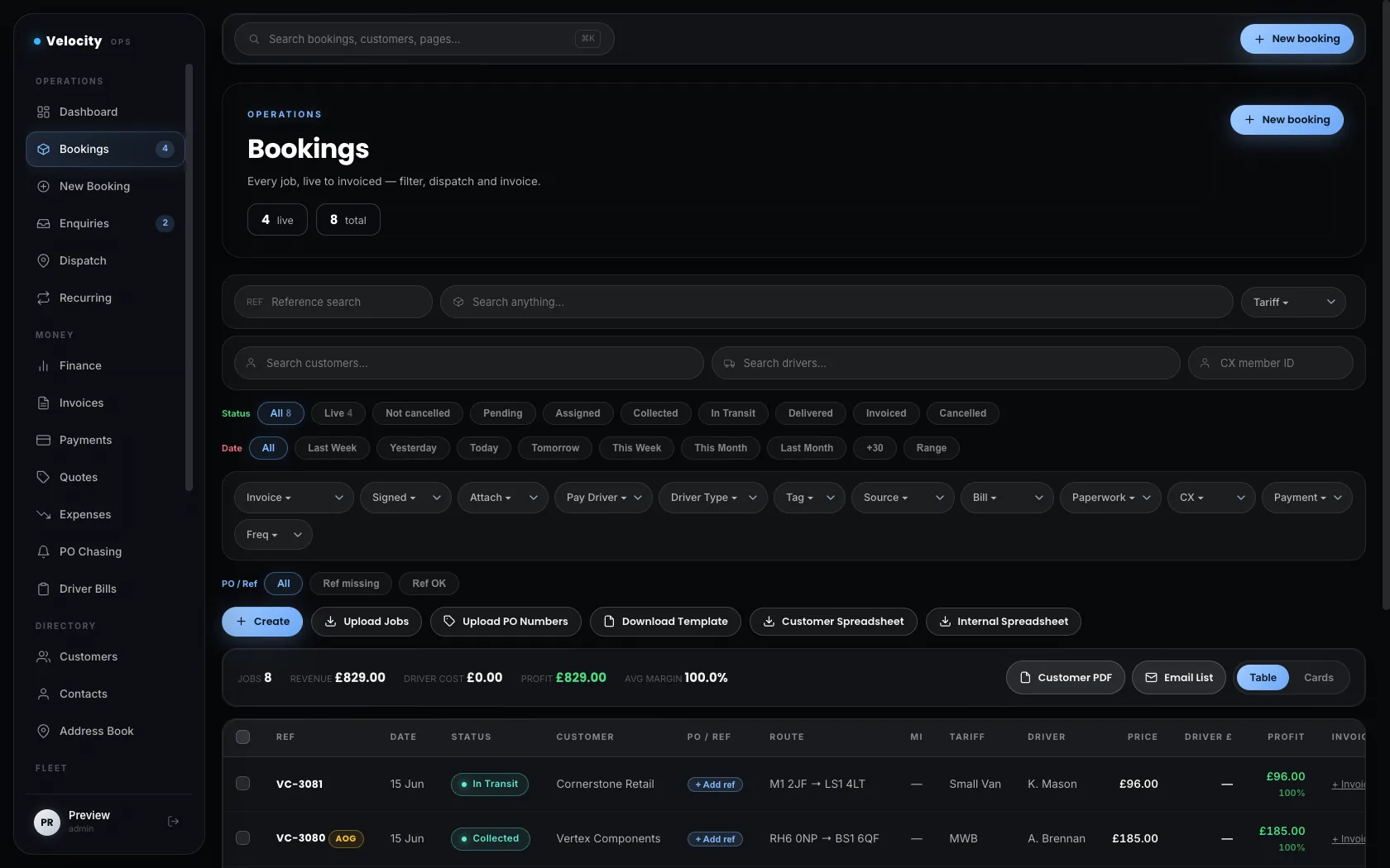 Bookings module — every job from live to invoiced