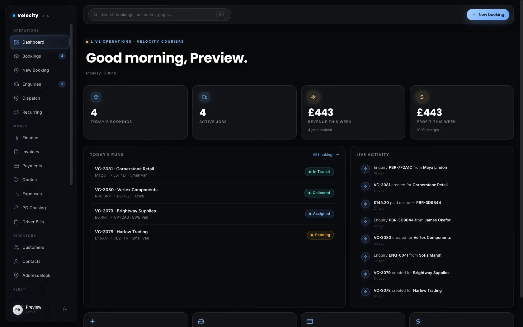 Custom operations dashboard — bookings, live activity and revenue at a glance