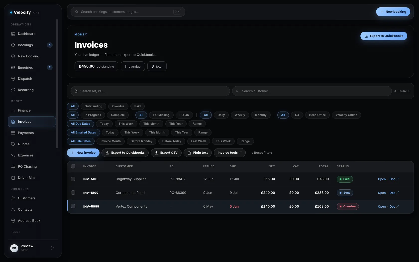 Invoices module — raise, send and chase, export to accounts